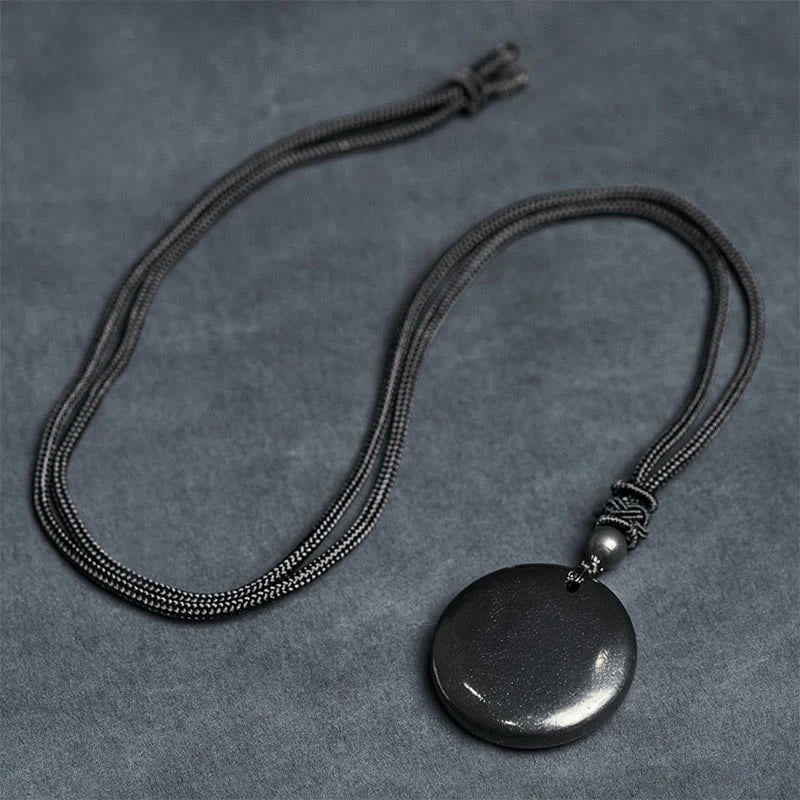 Buddha Stones Geometric Round Authentic Shungite Stone Rope Inner Strength Necklace Pendant