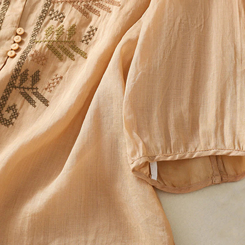 Buddha Stones Casual Artistic Embroidery Leaves Pattern Women's Cotton Linen Three Quarter Sleeve Shirt Cardigan