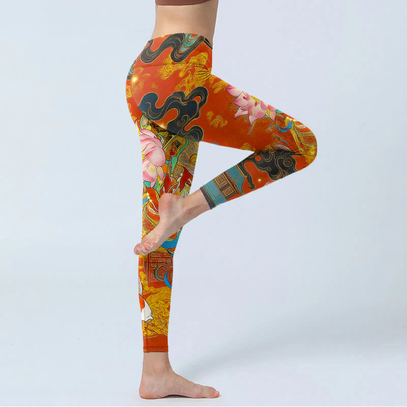 Buddha Stones Koi Fish Lotus Cloud Pattern Print Gym Leggings Women's Yoga Pants