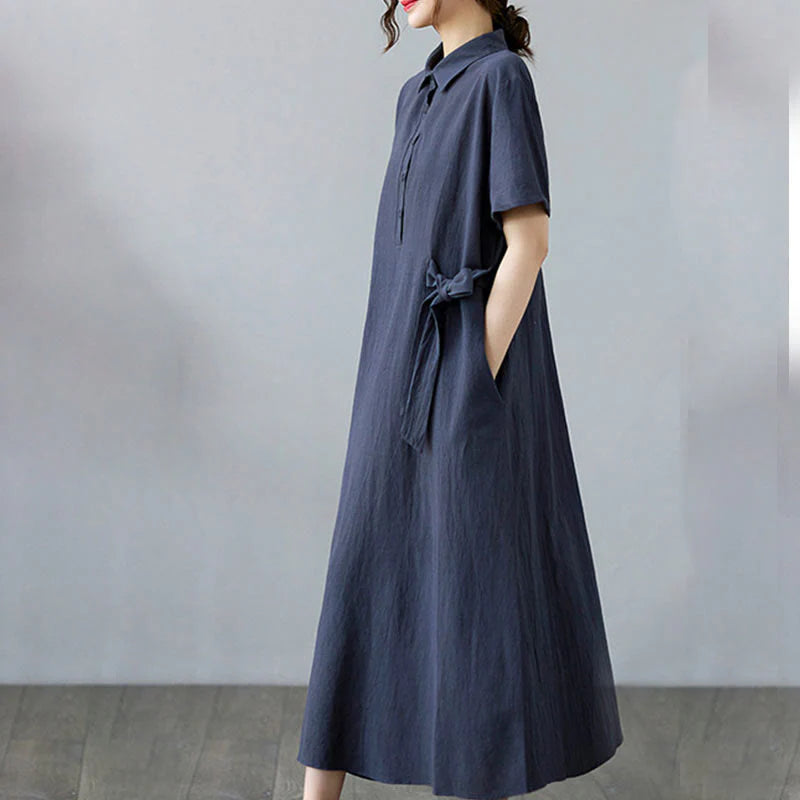 Buddha Stones Casual Plain Side Lace-Up Lapel Short Sleeve Cotton Linen Midi Dress With Pockets