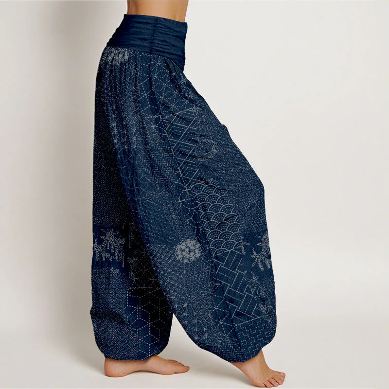 Buddha Stones Geometric Pattern Women's Elastic Waist Harem Pure Cotton Printed Pants