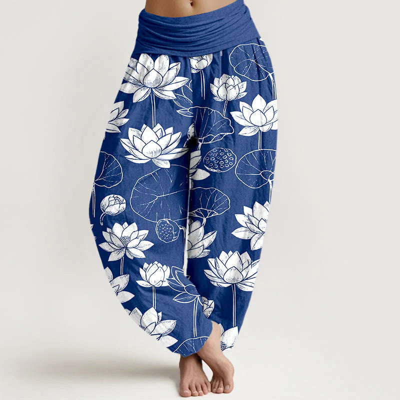 Buddha Stones Cotton Lotus Flowers Leaves Pods Pattern Women's Elastic Waist Harem Pants