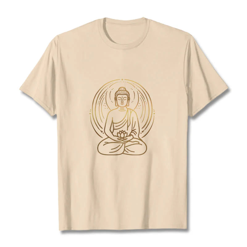 Buddha Stones Golden Meditation Buddha Halo Holding A Lotus Flower Tee T-shirt