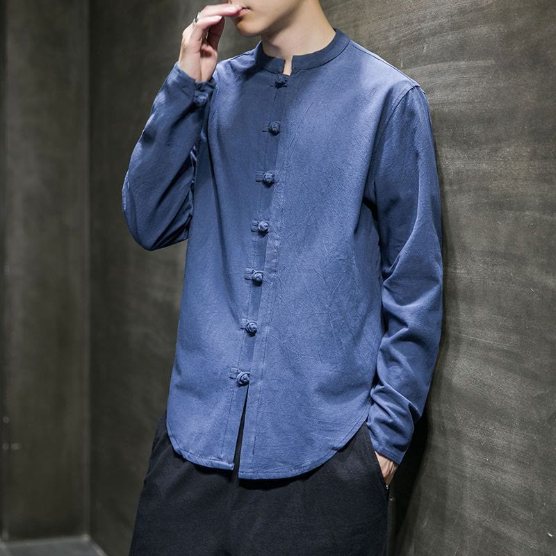 Buddha Stones Casual Stand Collar Frog-Button Long Sleeve Tang Suit Linen Men's Shirt