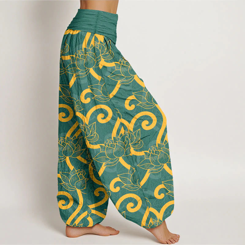 Buddha Stones Pure Cotton Elegant Gorgeous Lotus Scroll Pattern Women's Elastic Waist Harem Pants