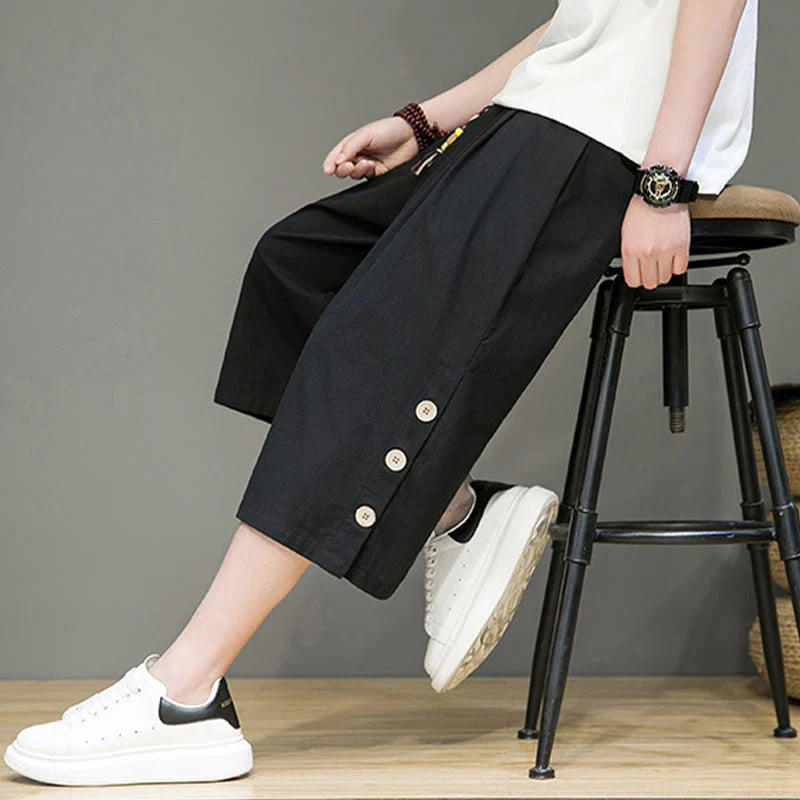 Buddha Stones Casual Plain Side Button Design Drawstring Men's Cotton Cropped Pants With Pockets