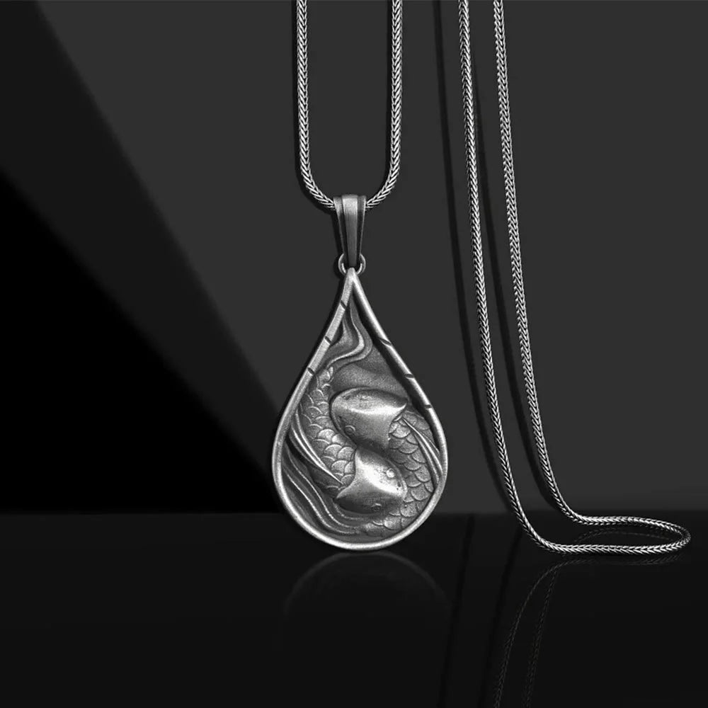 Buddha Stones Double Lucky Koi Fish Prosperity Pure Tin Water Drop Pattern Necklace Pendant