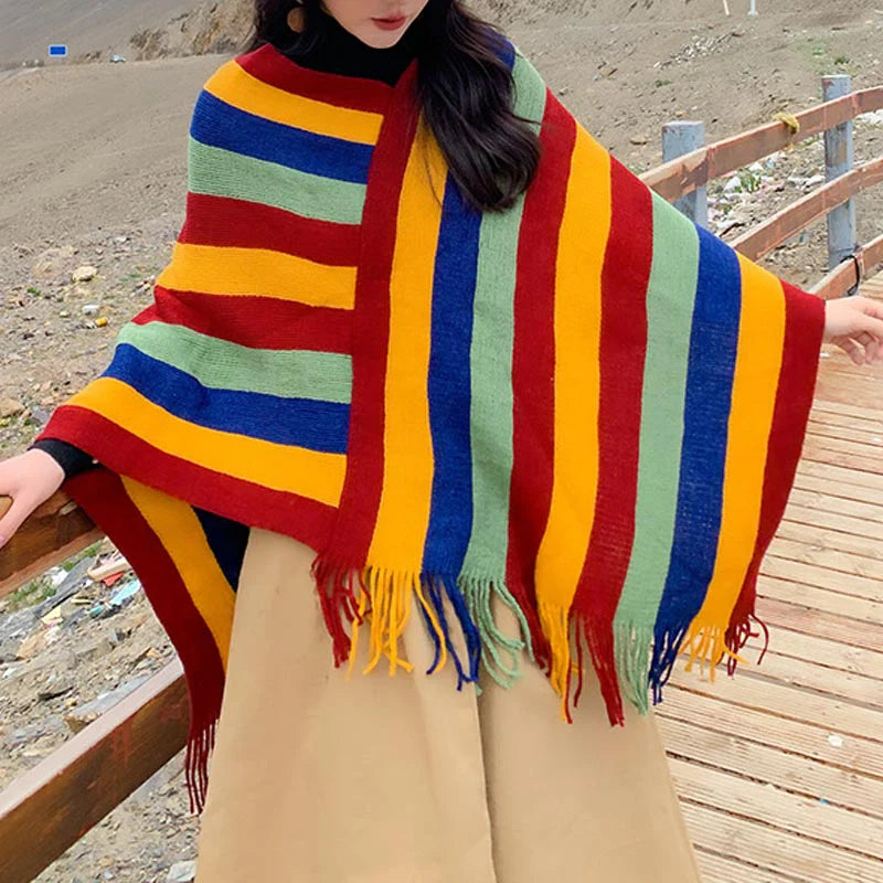 Buddha Stones Tibetan Colorful Striped Design Shawl Tassels Pullover Winter Cozy Travel Scarf Wrap