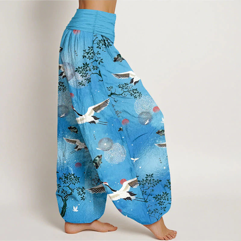 Buddha Stones Cotton Traditional Crane Pine Tree Bird Fan Sun Pattern Women's Elastic Waist Harem Pants