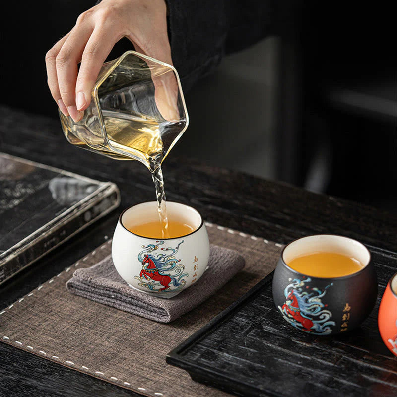 Buddha Stones Year Of The Horse Hand Painted Ceramic Teacup Kung Fu Tea Cup