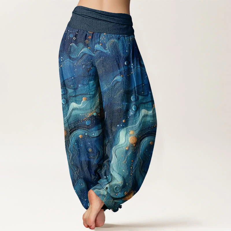 Buddha Stones Cotton Oceanic Golde Star Pattern Women's Elastic Waist Harem Pants