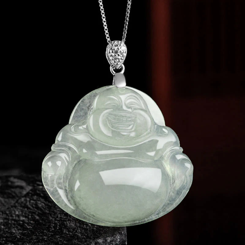 Buddha Stones Natural Jade Laughing Buddha Prosperity Abundance Titanium Steel Chain Necklace Pendant