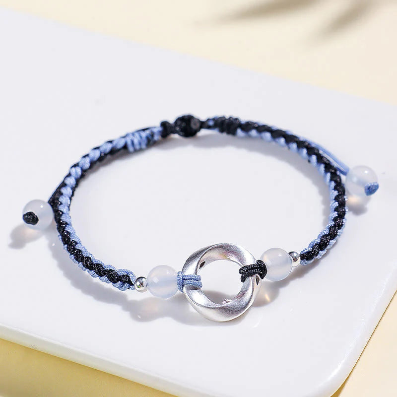 Buddha Stones 925 Sterling Silver Mobius White Agate Bead Braided String Protection Bracelet
