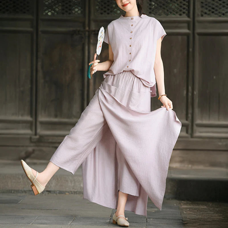 Buddha Stones 2Pcs Buttons Short Sleeve Shirt Top Skirt With Pockets Meditation Cotton Women's Set