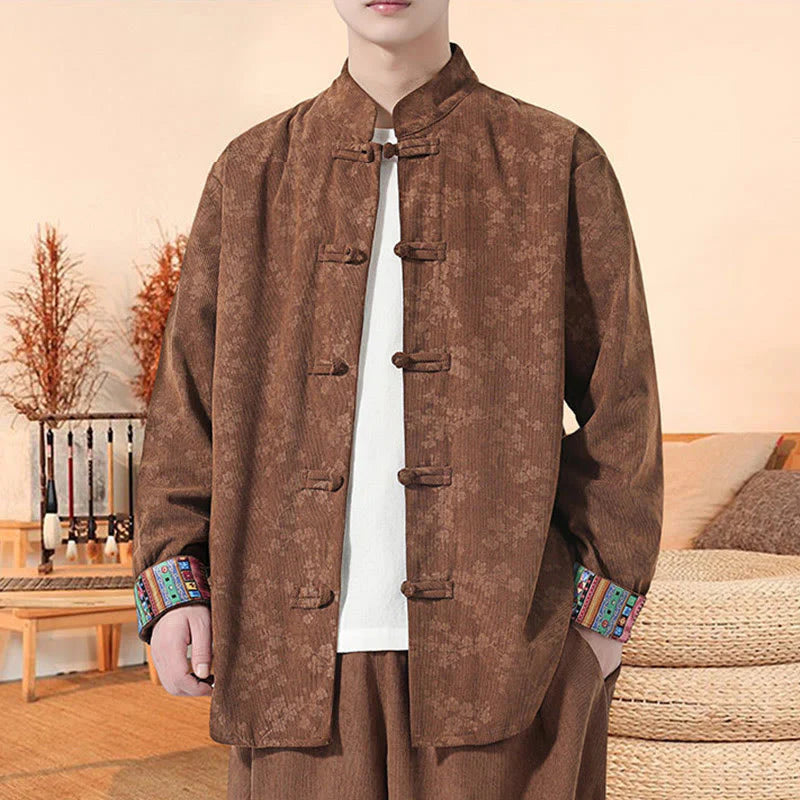 Buddha Stones Plain Plum Blossom Pattern Long Sleeve Men's Cotton Corduroy Tang Suit Jacket