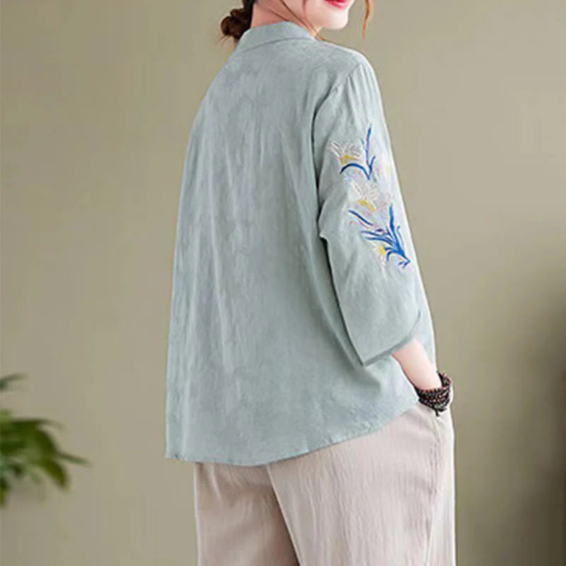 Buddha Stones Summer Embroidery Flower Three Quarter Sleeve Design Women's Cotton Linen  Notched Collar Shirt