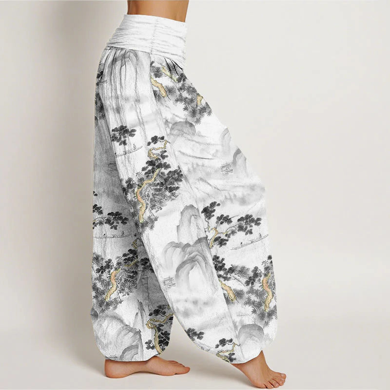 Buddha Stones Print Pine Trees Mountains Pattern Pure Cotton Women's Elastic Waist Harem Pants