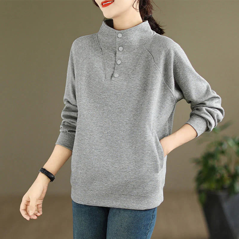 Buddha Stones Fall Solid Stand Collar Buttons Design Long Sleeve Women's Cotton Sweatshirt