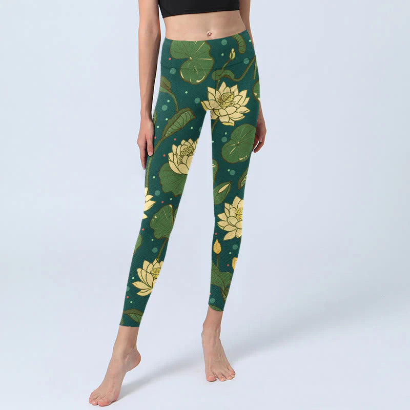 Buddha Stones Blooming Lotus Flower Lotus Leaves Pattern Print Gym Leggings Women's Yoga Pants