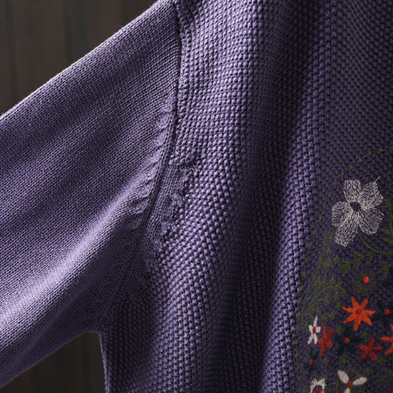 Buddha Stones Floral Embroidery Buttons Cotton Women's Long Sleeve Knitted Cardigan Sweater