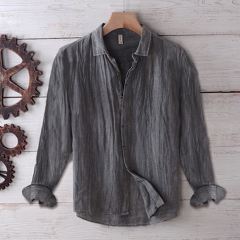 Buddha Stones Men's Shirt Solid Color Lapel Top Short Sleeve Comfy Button Crease Cotton Linen Shirt