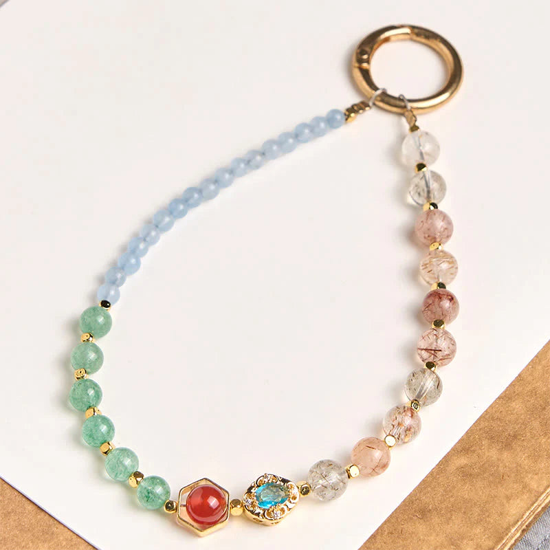 Buddha Stones Super Seven Crystal Blue Chalcedony Beaded Healing Key Chain Phone Hanging Decoration