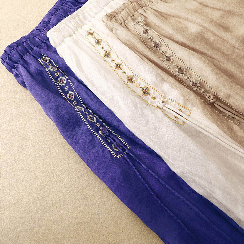 Buddha Stones Ethnic Vintage Embroidery Button Design Women's Cotton Linen 7-8 Length Skirt