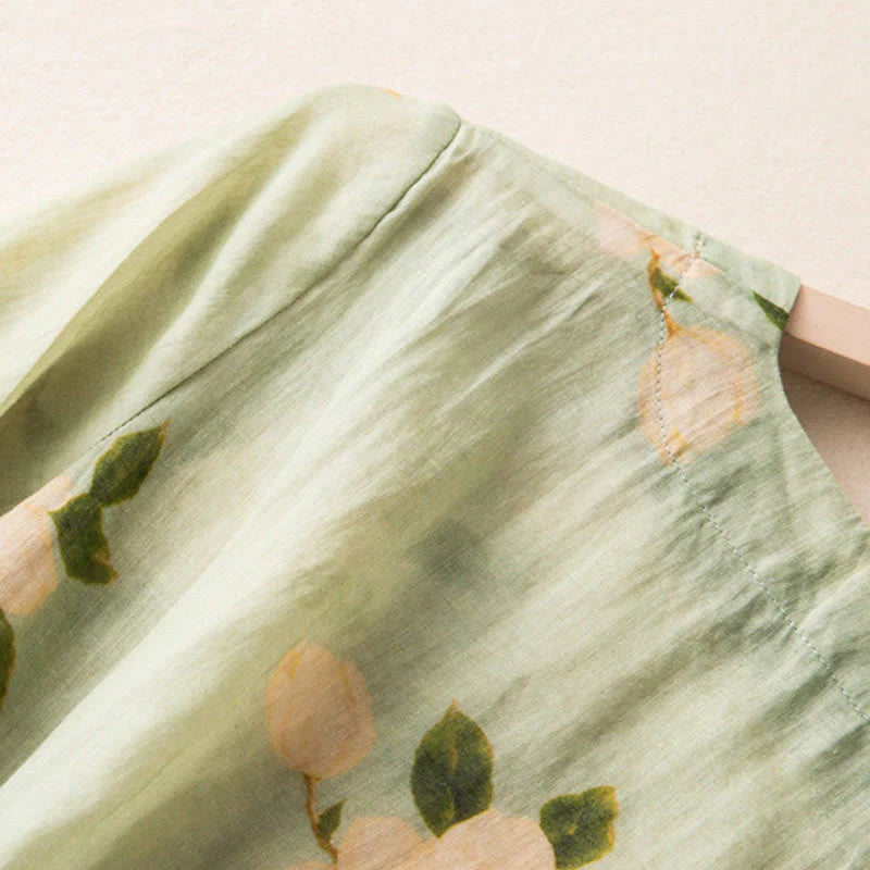 Buddha Stones Lightgreen Casual Artistic Printing Flower Pattern Chinese Frog-Button Design Women's Cotton Linen Long Sleeve Shirt Cardigan