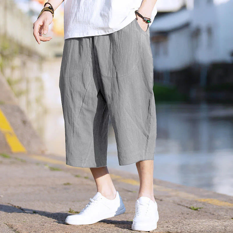 Buddha Stones Summer Plain Pleat Design Drawstring Men's 7-8 Length Cotton Linen Pants With Pockets