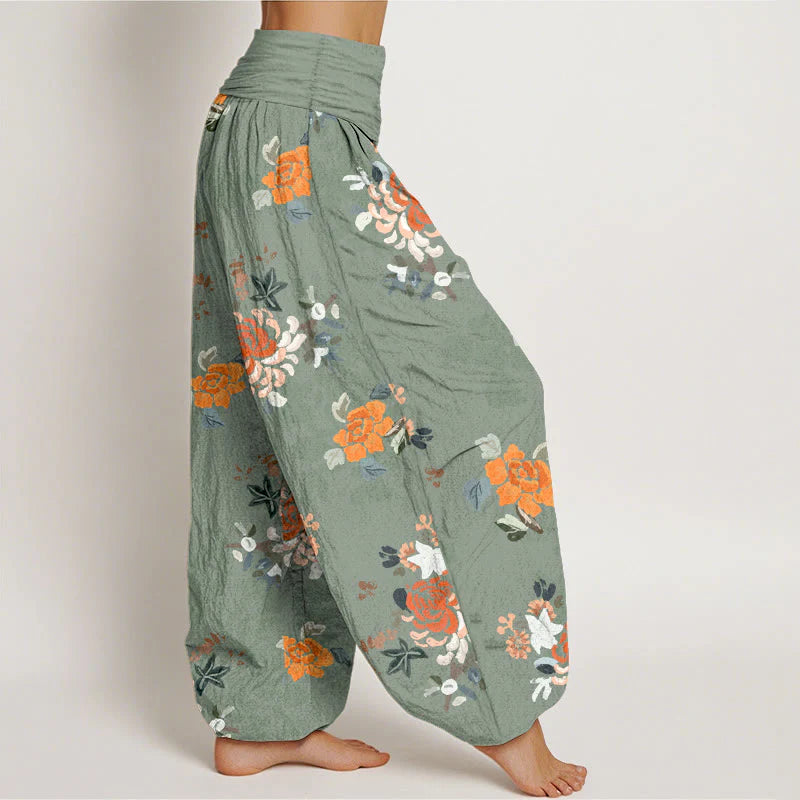Buddha Stones Pure Cotton Vibrant Color Flowers Leaves Pattern Women's Elastic Waist Harem Pants