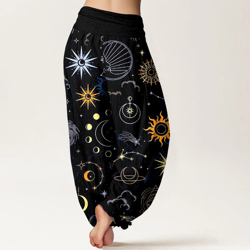Buddha Stones Cotton Moon Sun Cloud Star Constellation Pattern Women's Elastic Waist Harem Pants