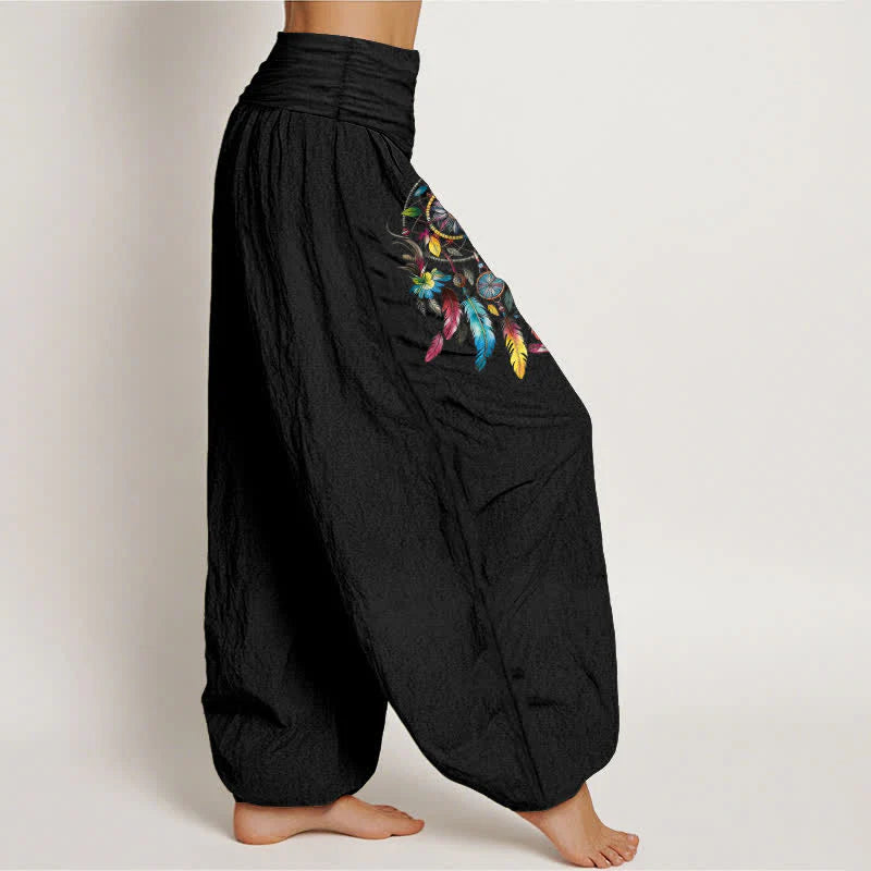 Buddha Stones Cotton Colorful Double Dreamcatchers Pattern High Waist Women's Harem Pants