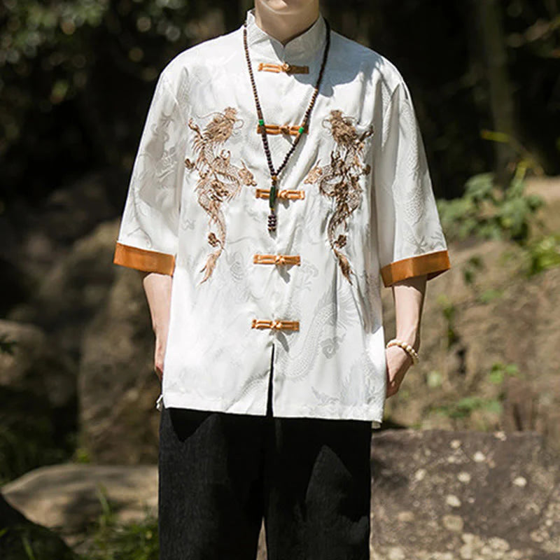 Buddha Stones Embroidered Dragon Pattern Colorblock Design Tang Suit Men's Frog-Button Half Sleeve Shirt