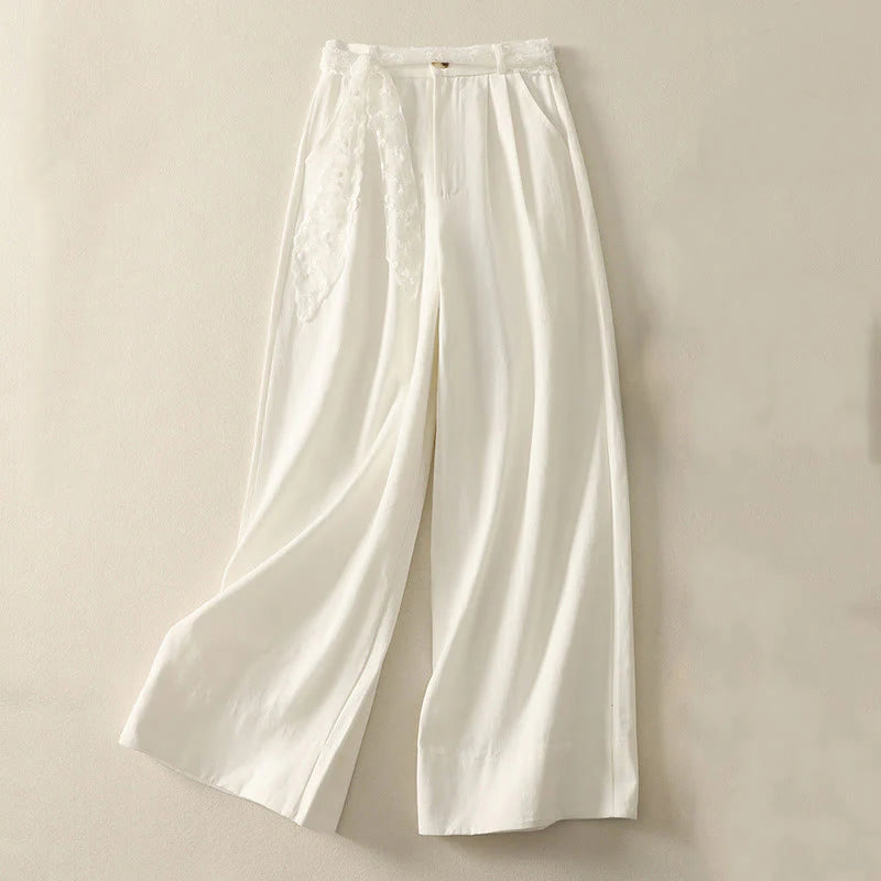 Buddha Stones Daily Solid Color Lace Belt Women's Wide Leg Cotton Pants With Pockets