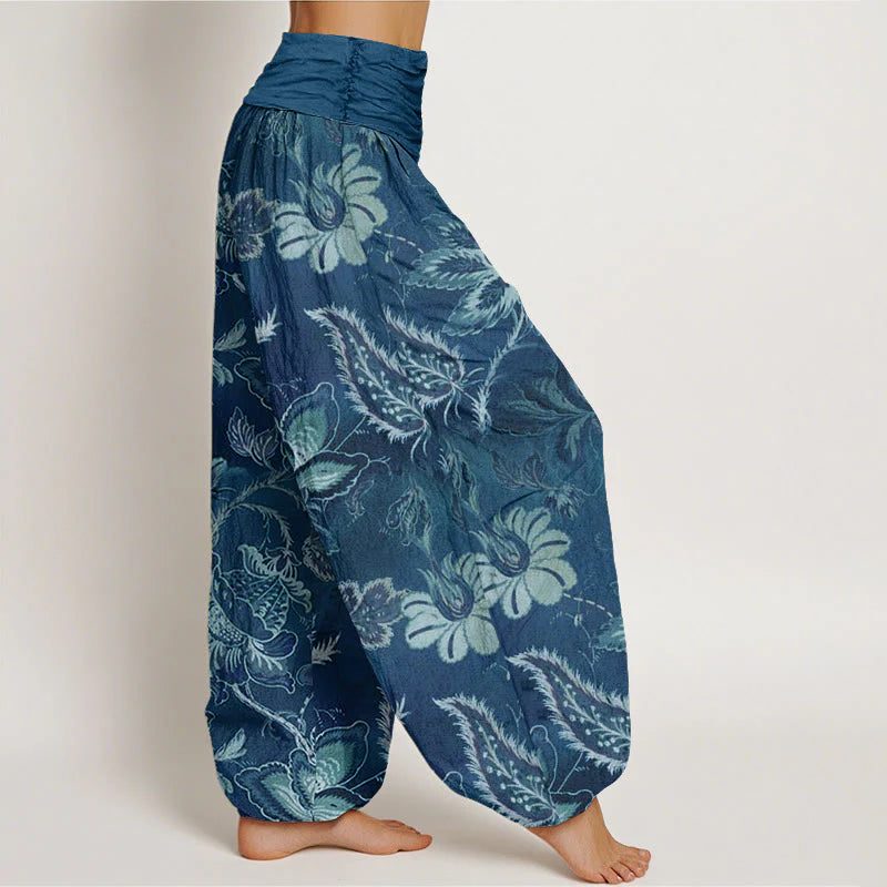 Buddha Stones Cotton Casual Floral Leaves Women's Elastic Waist Harem Pants