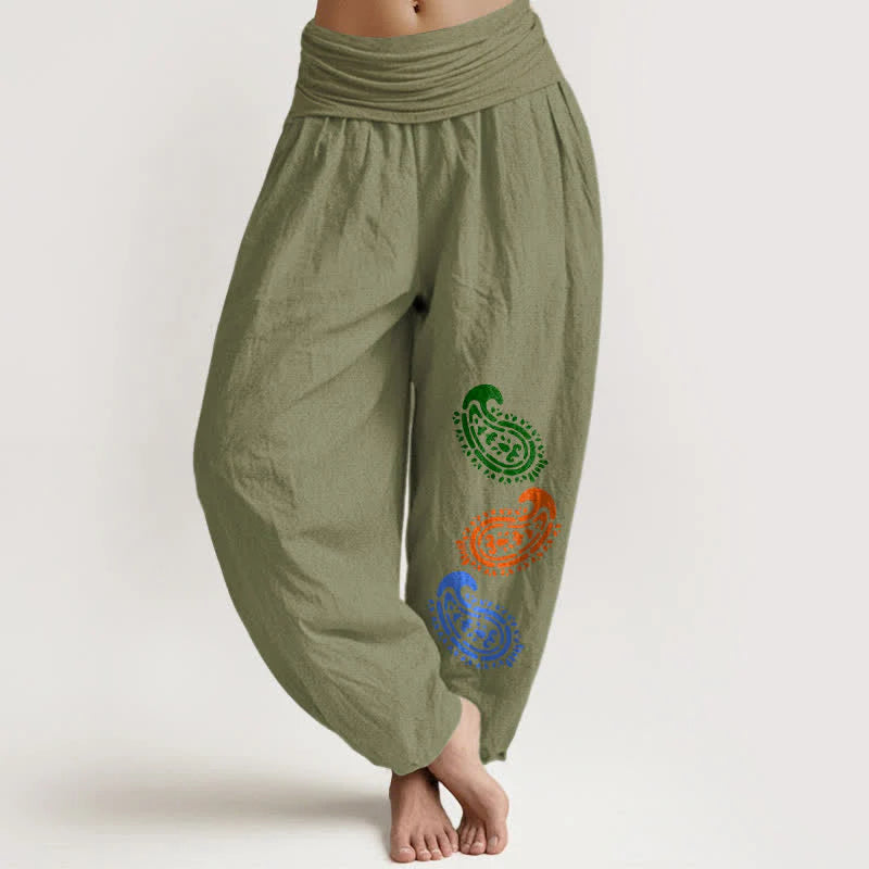 Buddha Stones Pure Cotton Colorful Paisley High Waist Women's Harem Pants