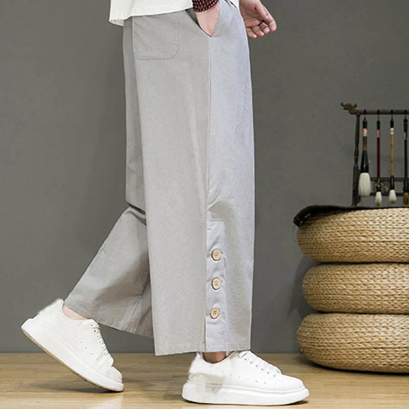 Buddha Stones Solid Color Linen Buttons Drawstring Men's Straight Leg Pants With Pockets