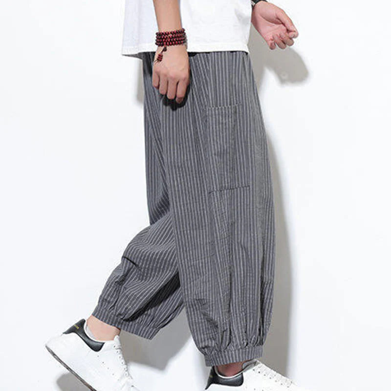 Buddha Stones Casual Striped Men's Cotton 7-8 Length Harem Pants With Pockets