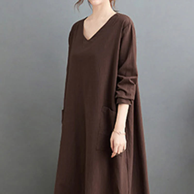 Buddha Stones Fall Casual Simple Design Long Sleeve Cotton Linen Maxi Dress With Pockets