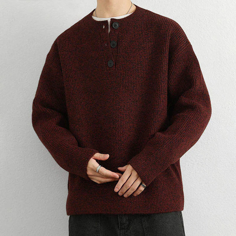 Buddha Stones Winter V-Neck Buttons Ribbed Design Warm Men's Long Sleeve Knitted Sweater