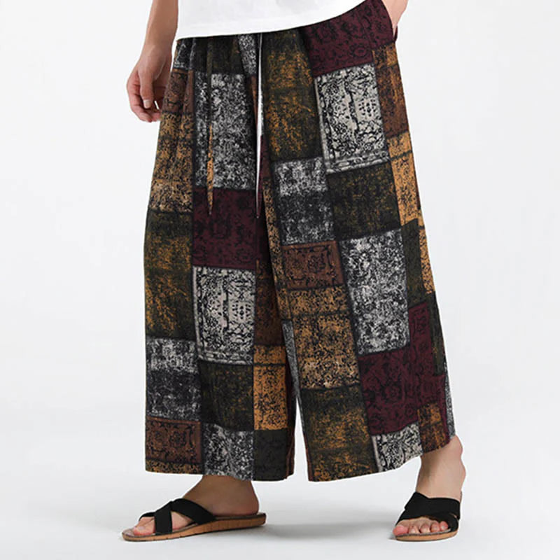 Buddha Stones Summer Patchwork Design 7-8 Length Men's Wide Leg Pants With Pockets
