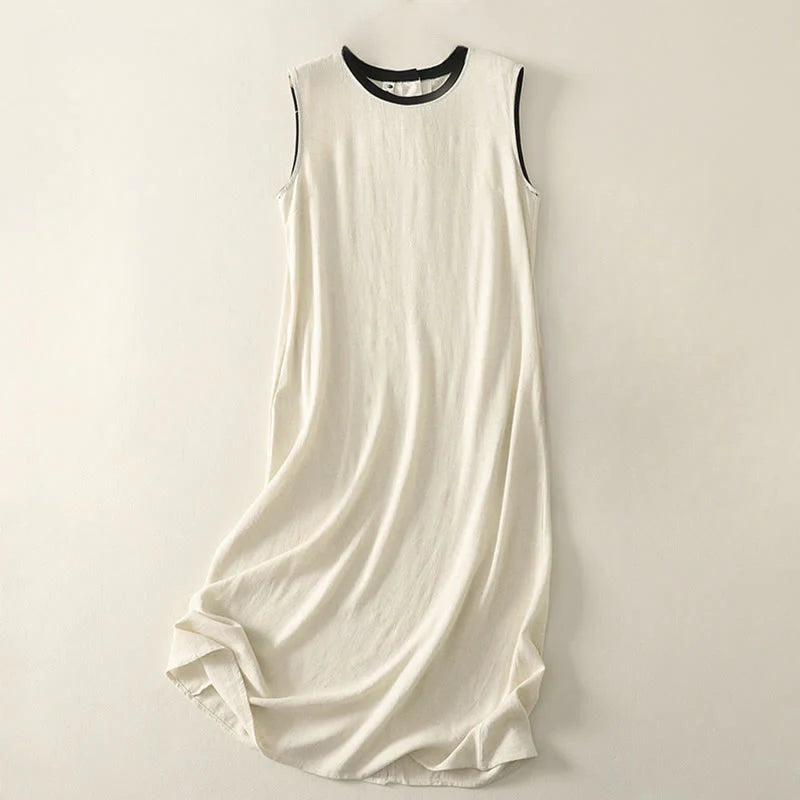 Buddha Stones Casual Stitching Color Handmade Button Design Midi Dress Polyester Sleeveless Dress With Pockets