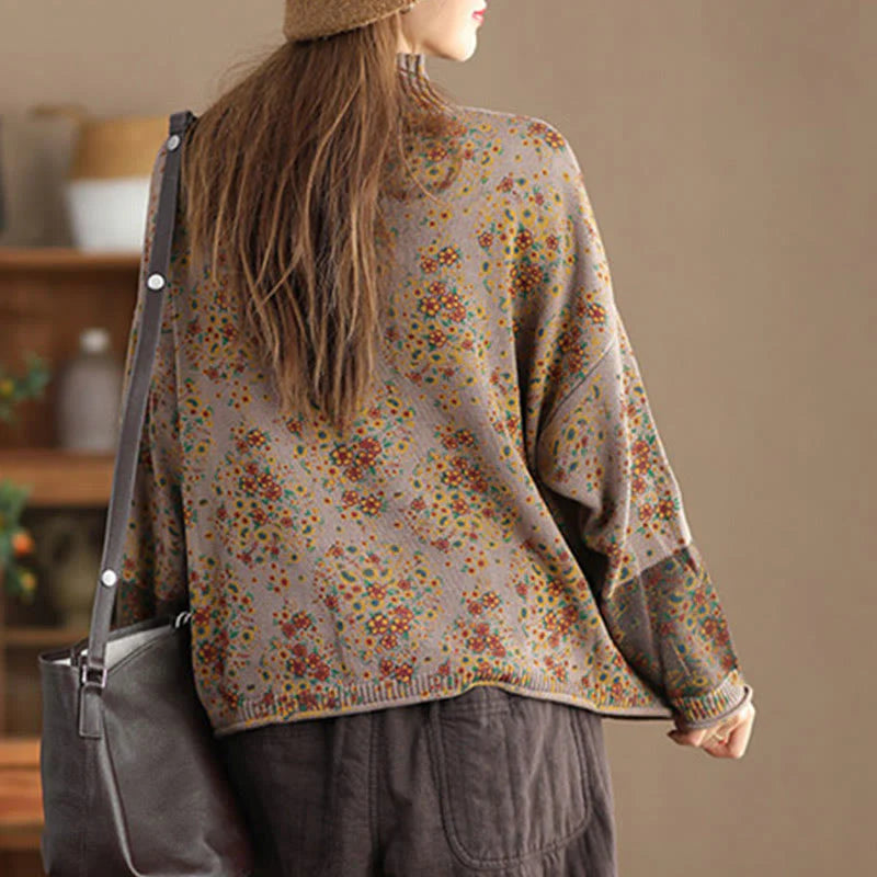 Buddha Stones Fall Printing Floral Long Sleeve Mock Neck Women's Knitted Cotton Sweater