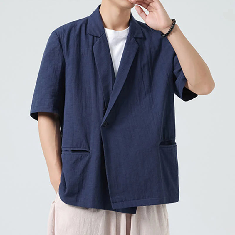 Buddha Stones Spring Plain Asymmetrical Lapel Collar Short Sleeve Men's Cotton Linen Shirt With Pockets