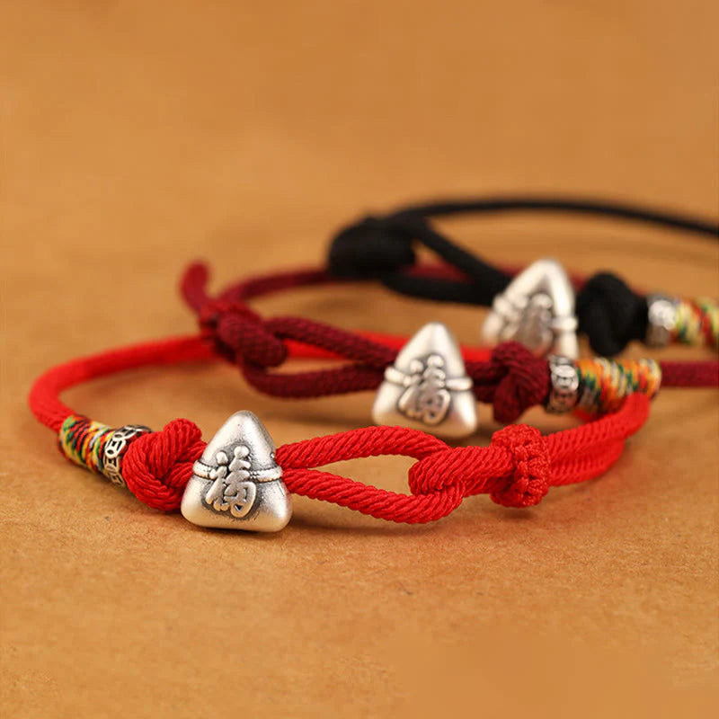 Buddha Stones 999 Sterling Silver Fu Character Zongzi Fortune Luck Rope Bracelet