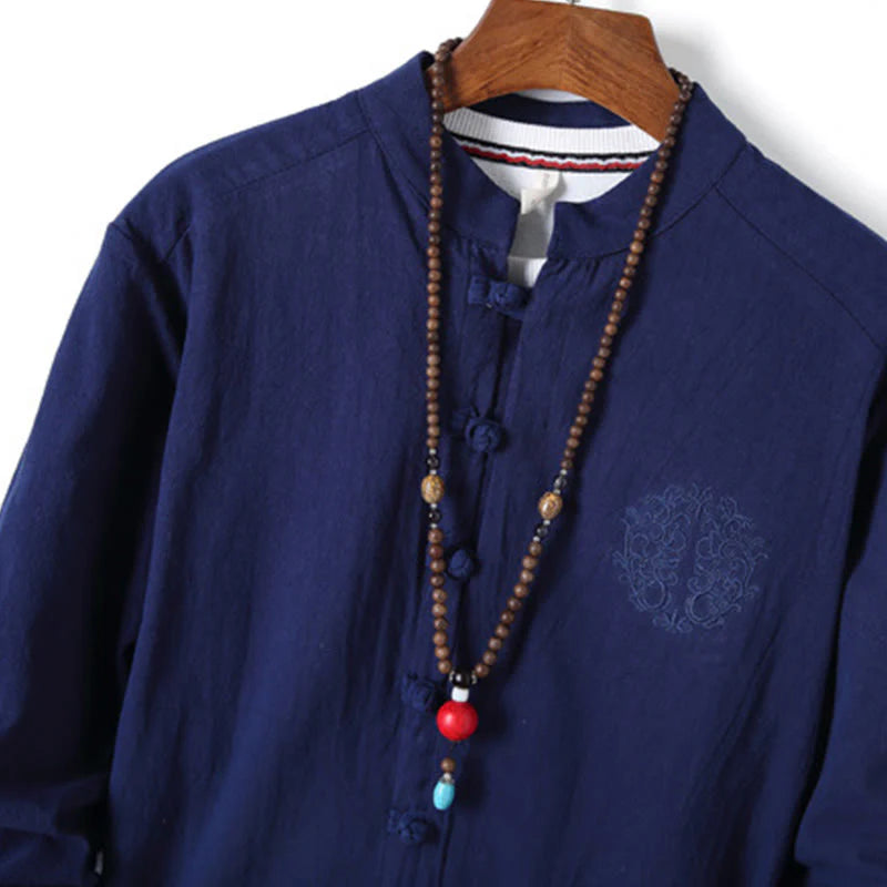 Buddha Stones 2Pcs Solid Color Men's Frog-Button Long Sleeve Cotton Shirt Pants Set With Pockets