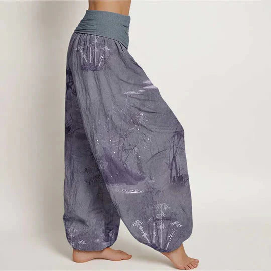 Buddha Stones Cotton Casual Bamboo Rock Ink Painting Women's Elastic Waist Harem Pants