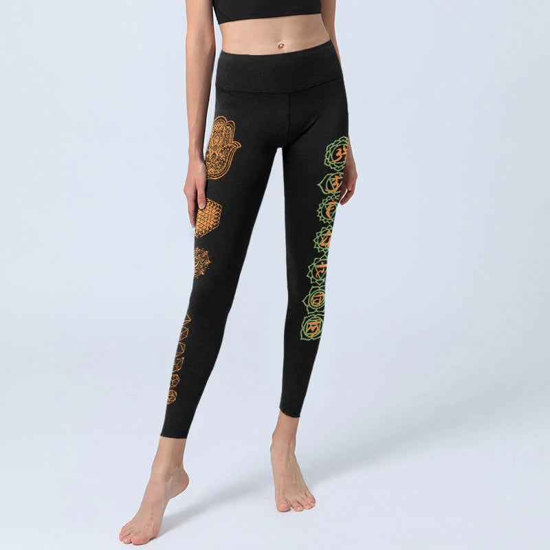 Buddha Stones Hamsa Flower Of Life Platonic Solids Chakra Pattern Gym Leggings Women's Yoga Pants