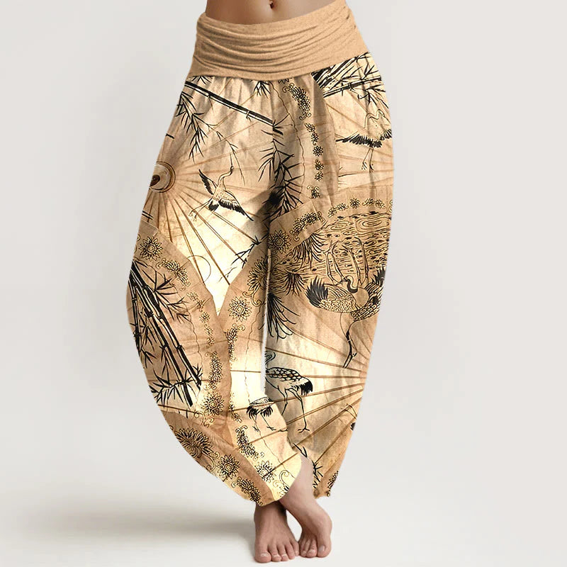 Buddha Stones Pure Cotton Umbrella Crane Bamboo Pattern Women's Elastic Waist Harem Pants