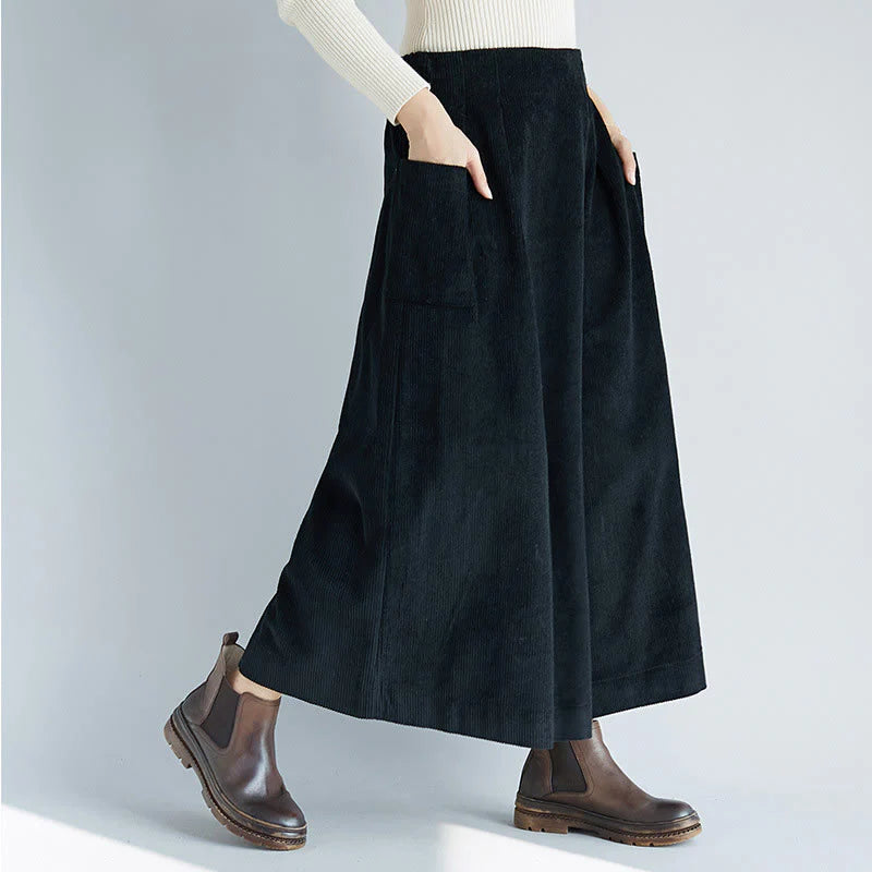 Buddha Stones Women's Plain Side Zipper Design Wide Leg Corduroy 7-8 Length Pants With Pockets